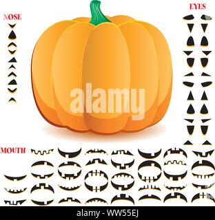 Halloween pumpkin with big set of mouths, eyes and noses for Jack O`Lantern face, part 10, vector illustration Stock Vector